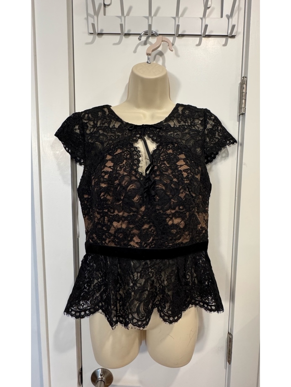 Black Lace Peplum Blouse with Velvet Waistband